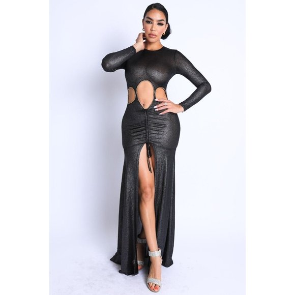 Womens Glitter Shirring Detailed Slit Cutout Maxi Dress Club Party Black Dress - Picture 4 of 11